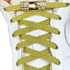 Elastische veters zonder strikken bling bling 6mm haak sluiting goud met stretch uitgerekt