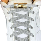 Elastische veters zonder strikken bling bling 6mm haak sluiting zilver met stretch uitgerekt