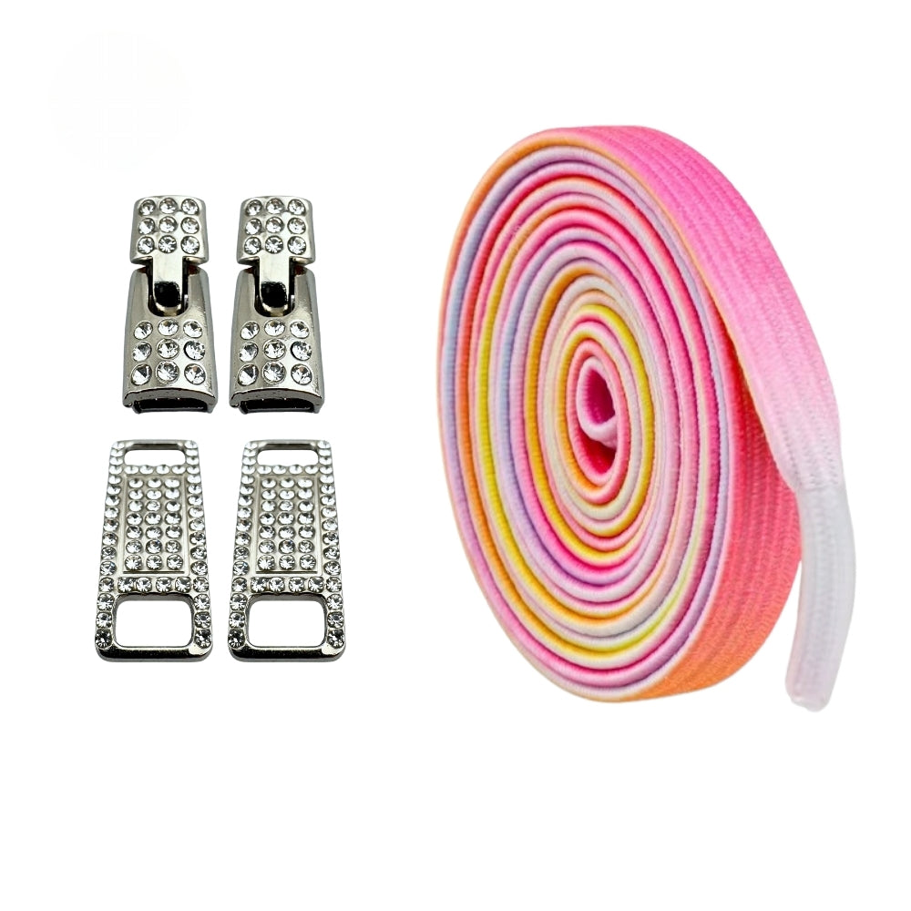 Productafbeelding van bling bling elastische veters van 6 mm met zilveren haak in de kleur roze regenboog