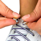 Elastische veters zonder strikken driehoek 3mm capsule sluiting blauw groen paars detailfoto van hoe de sluiting werkt