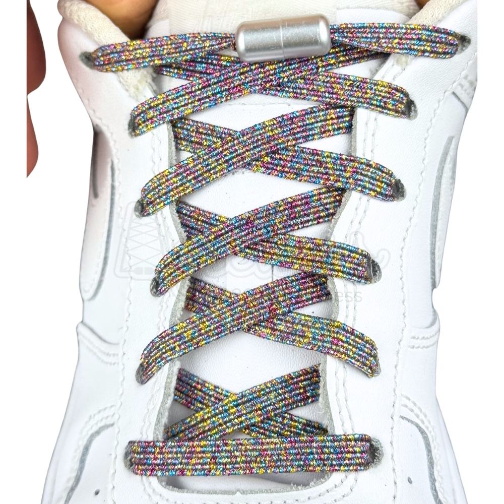 Elastische veters zonder strikken glitter 6mm capsule sluiting regenboog met stretch uitgerekt