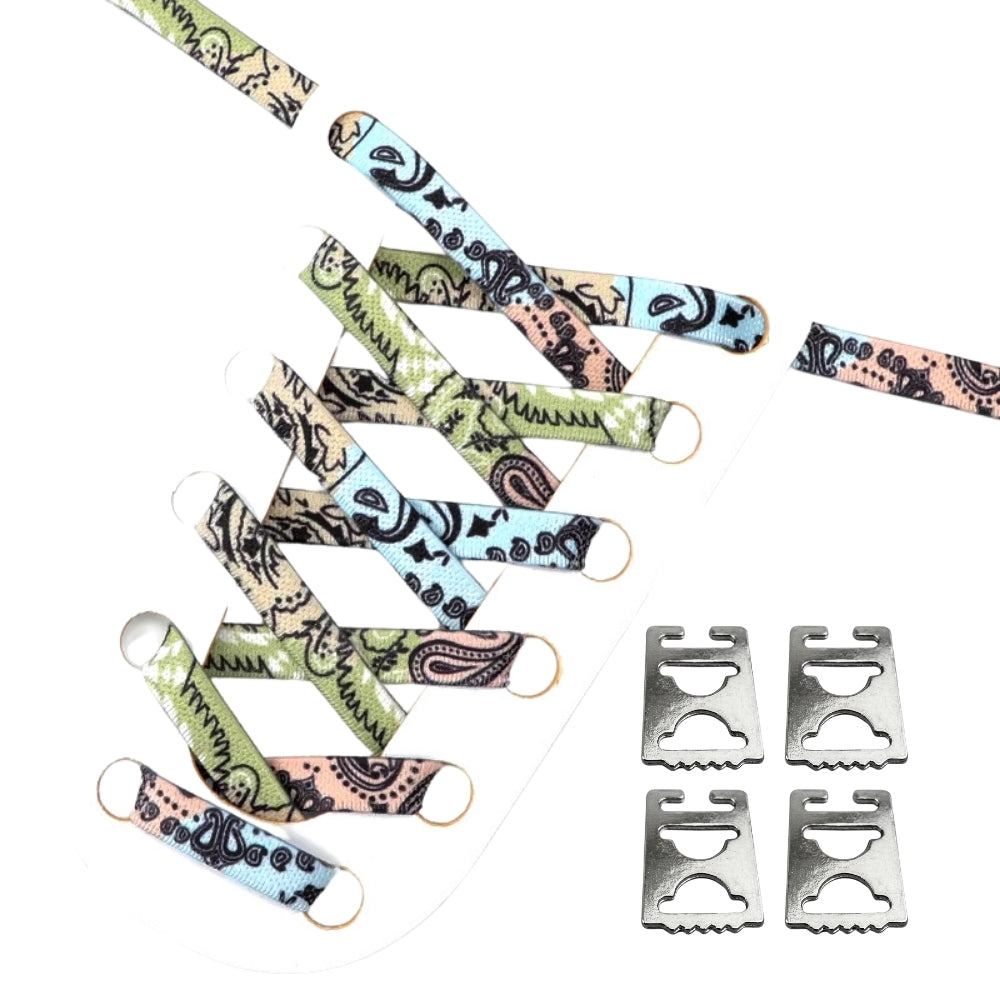 Productafbeelding van paisley elastische veters van 9 mm met clipjes in de kleuren roze, blauw en groen 