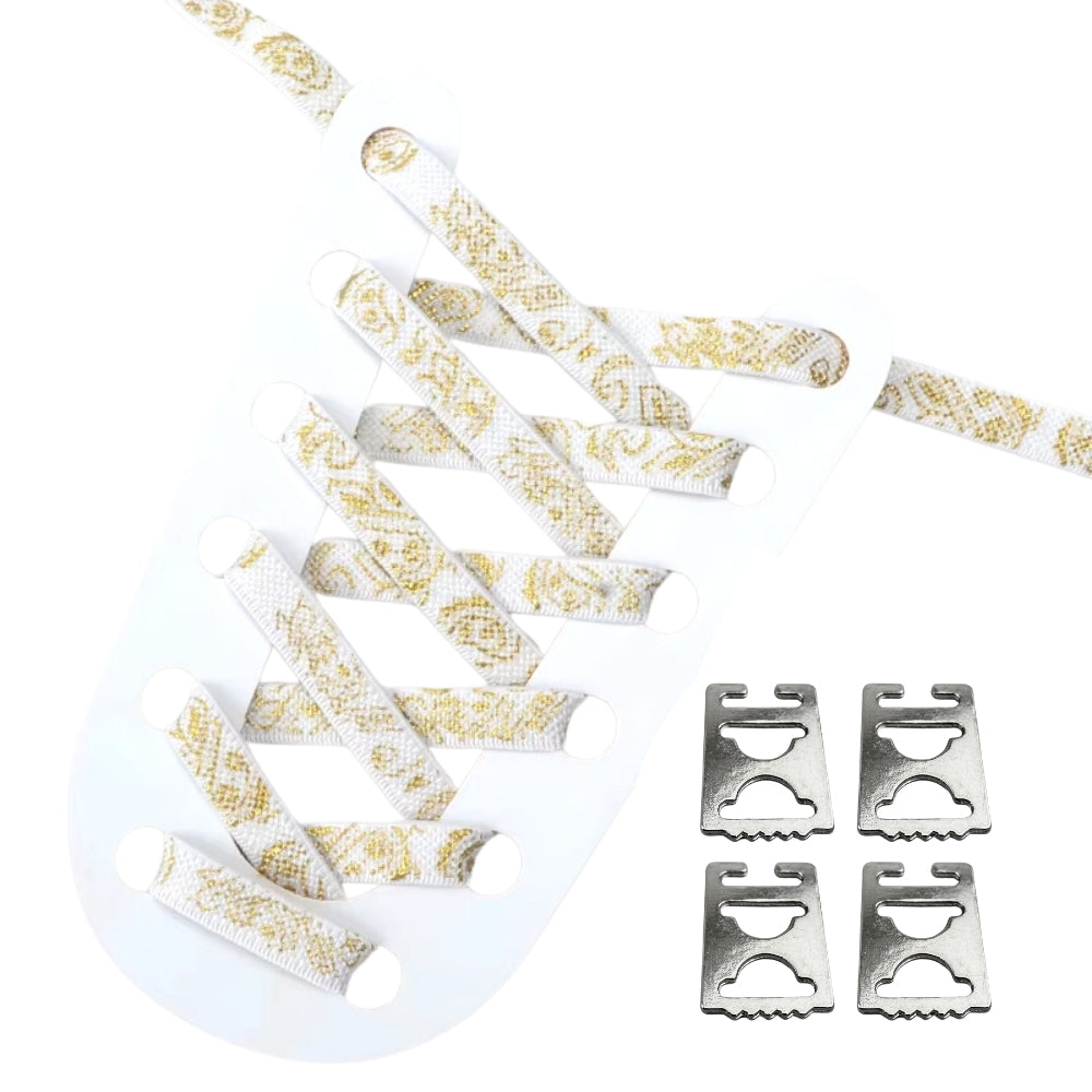 Productafbeelding van paisley elastische veters van 9 mm met clipjes in de kleur wit-goud