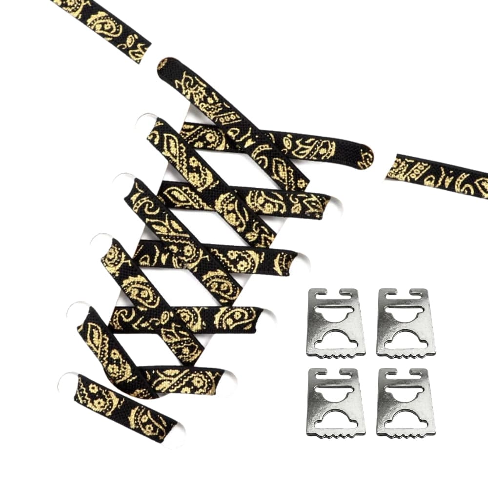 Productafbeelding van paisley elastische veters van 9 mm met clipjes in de kleur zwart-goud