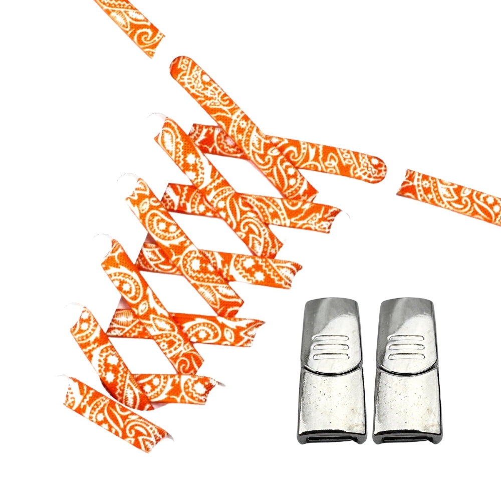 Productafbeelding van paisley elastische veters van 9 mm met magneetsluiting in de kleur oranje-wit