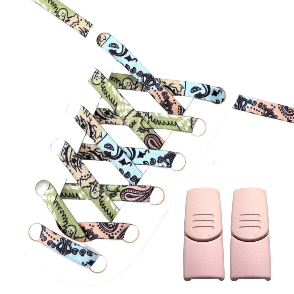 Productafbeelding van paisley elastische veters van 9 mm met magneetsluiting in de kleuren roze, blauw en groen