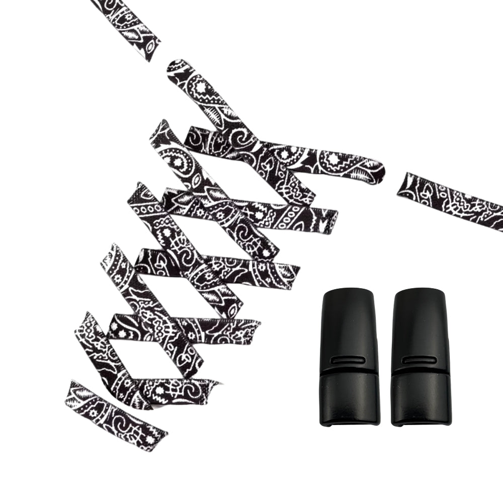 Productafbeelding van paisley elastische veters van 9 mm met magneetsluiting in de kleur zwart-wit