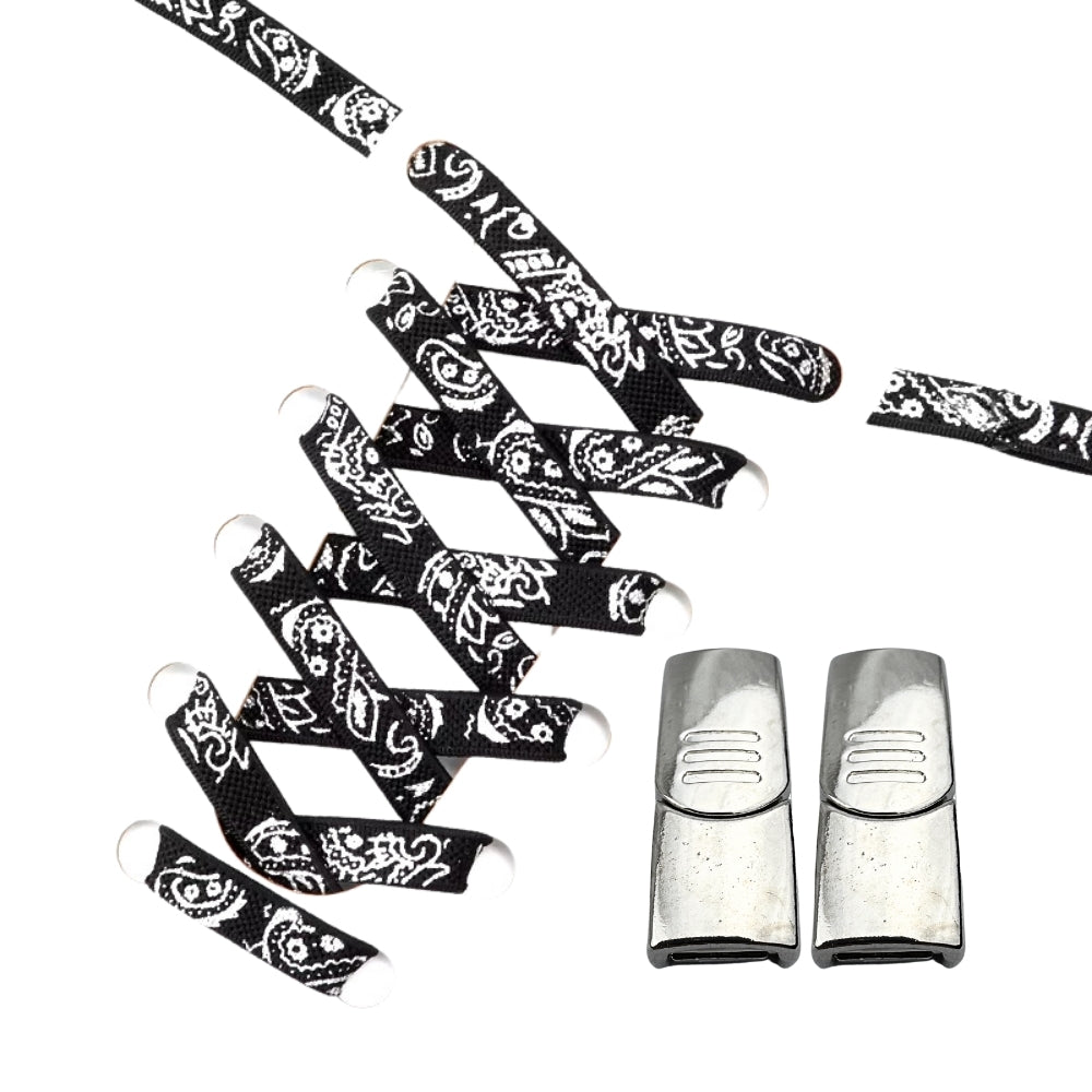 Productafbeelding van paisley elastische veters van 9 mm met magneetsluiting in de kleur zwart-zilver