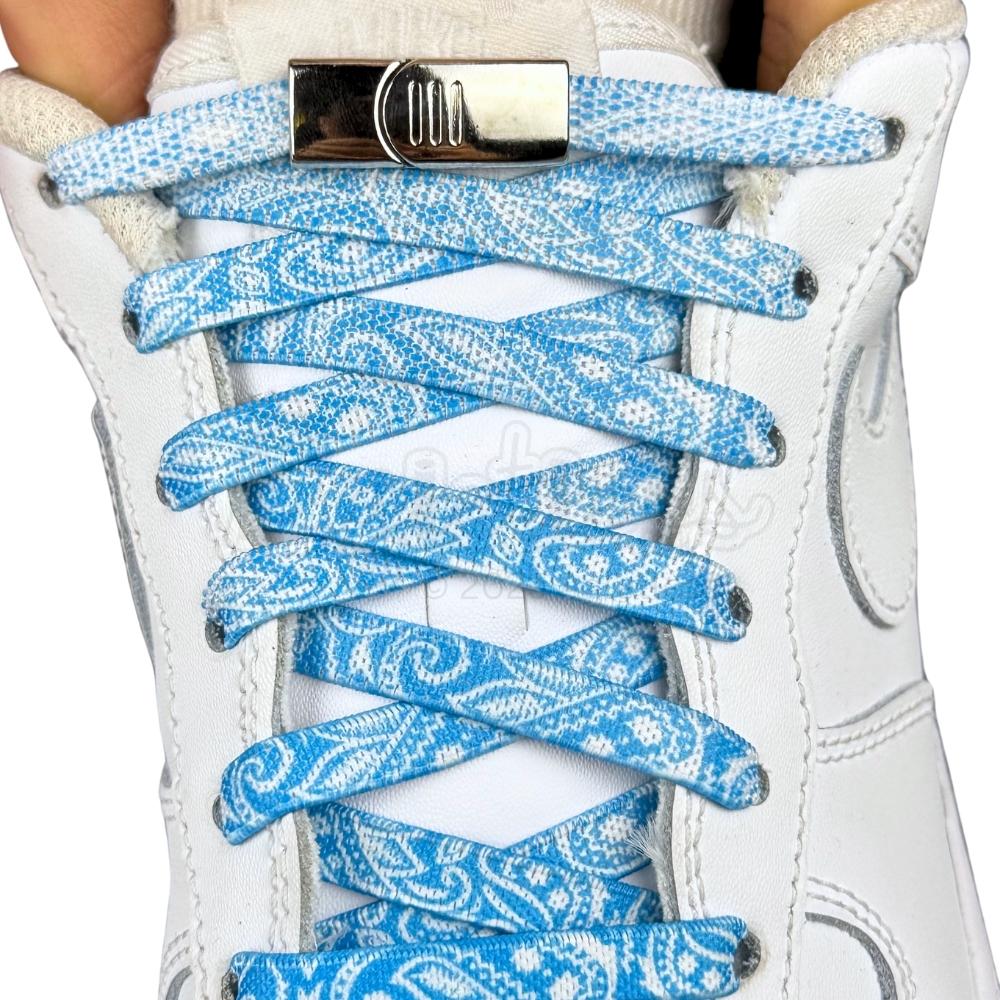 Elastische veters zonder strikken paisley 9mm magnetische sluiting oceaanblauw wit met stretch uitgerekt