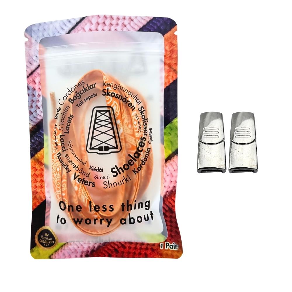 Elastische veters zonder strikken paisley 9mm magnetische sluiting oranje wit in luxe verpakking