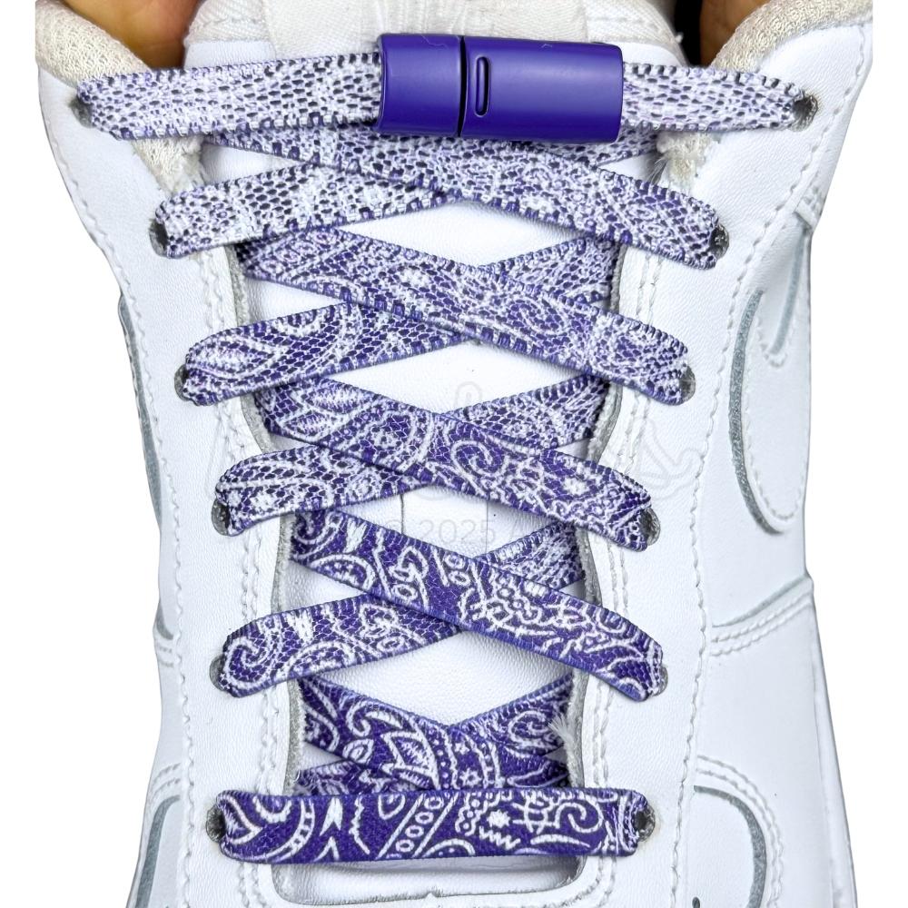 Elastische veters zonder strikken paisley 9mm magnetische sluiting paars wit met stretch uitgerekt