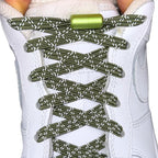 Elastische veters zonder strikken reflecterend 7mm capsule sluiting mosgroen met stretch uitgerekt