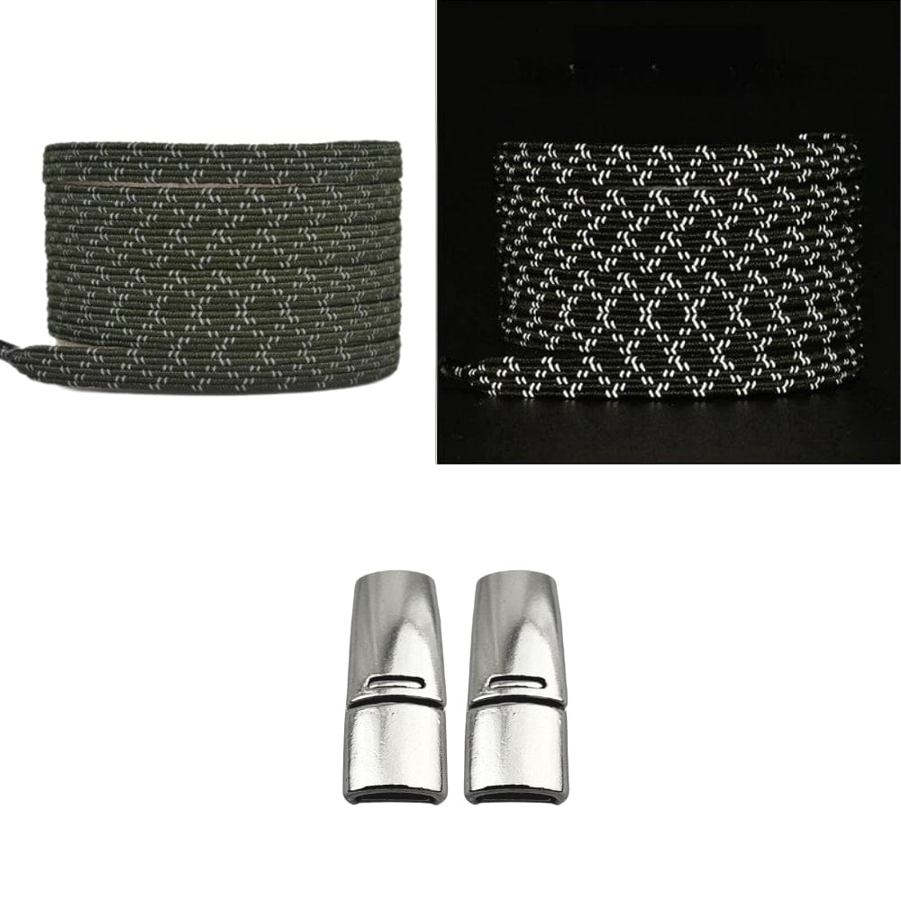 Productafbeelding van platte reflecterende elastische veters van 7 mm met magneetsluiting in de kleur mosgroen