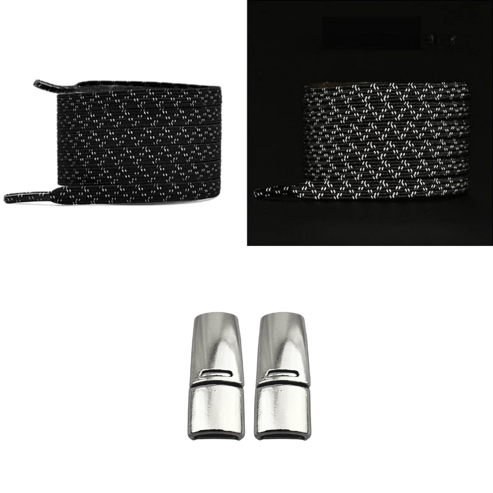 Productafbeelding van platte reflecterende elastische veters van 7 mm met magneetsluiting in de kleur zwart