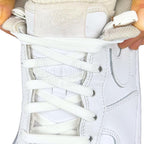 Elastische veters zonder strikken vintage 8mm onzichtbare clipjes wit detailfoto van hoe de sluiting werkt