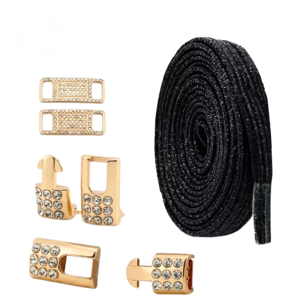Zwarte platte glitter elastische veters van 6 mm met gouden charm en strass haak als sluiting