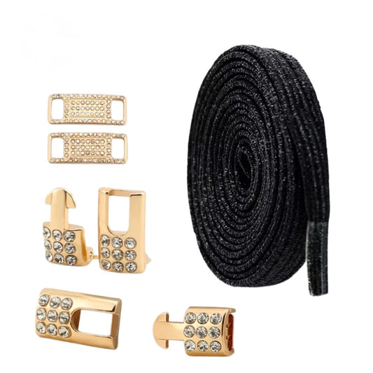 Zwarte platte glitter elastische veters van 6 mm met gouden charm en strass haak als sluiting