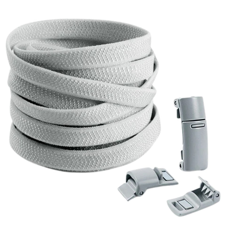 Grijze elastische veters met magneetsluiting, strak en praktisch voor comfort de hele dag