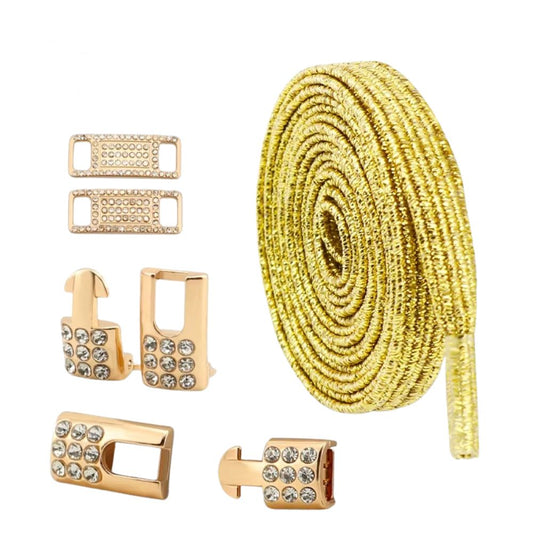 Gouden platte glitter elastische veters van 6 mm met gouden charm en strass haak als sluiting