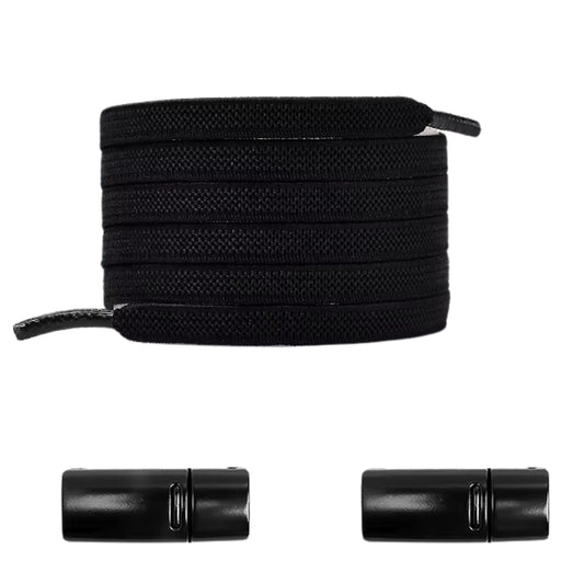 Zwarte natuurlijke look platte elastische veters zonder strikken met magneetsluiting, bieden een strakke pasvorm voor casual en sportschoenen