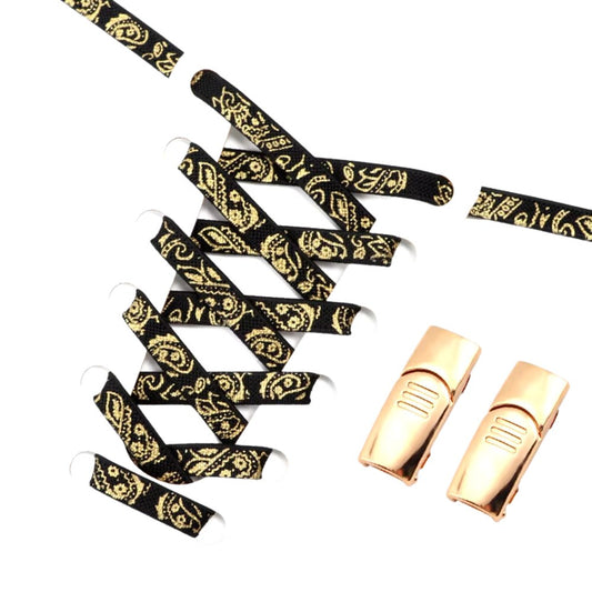 Zwarte paisley-patroon elastische veters met gouden accenten zonder strikken met bijpassende gouden magneetsluiting