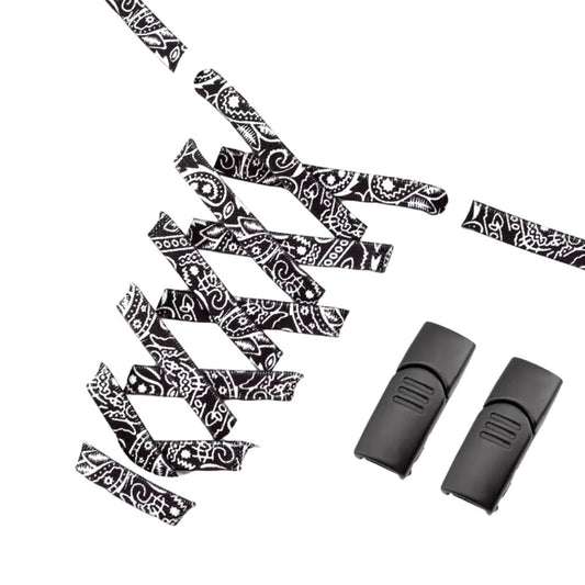 Zwarte en witte paisley-patroon elastische veters zonder strikken met bijpassende zwarte magneetsluiting