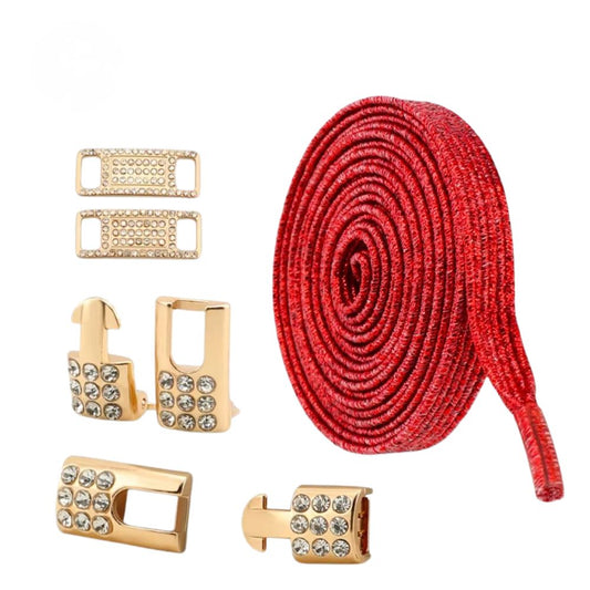 Rode platte glitter elastische veters van 6 mm met gouden charm en strass haak als sluiting